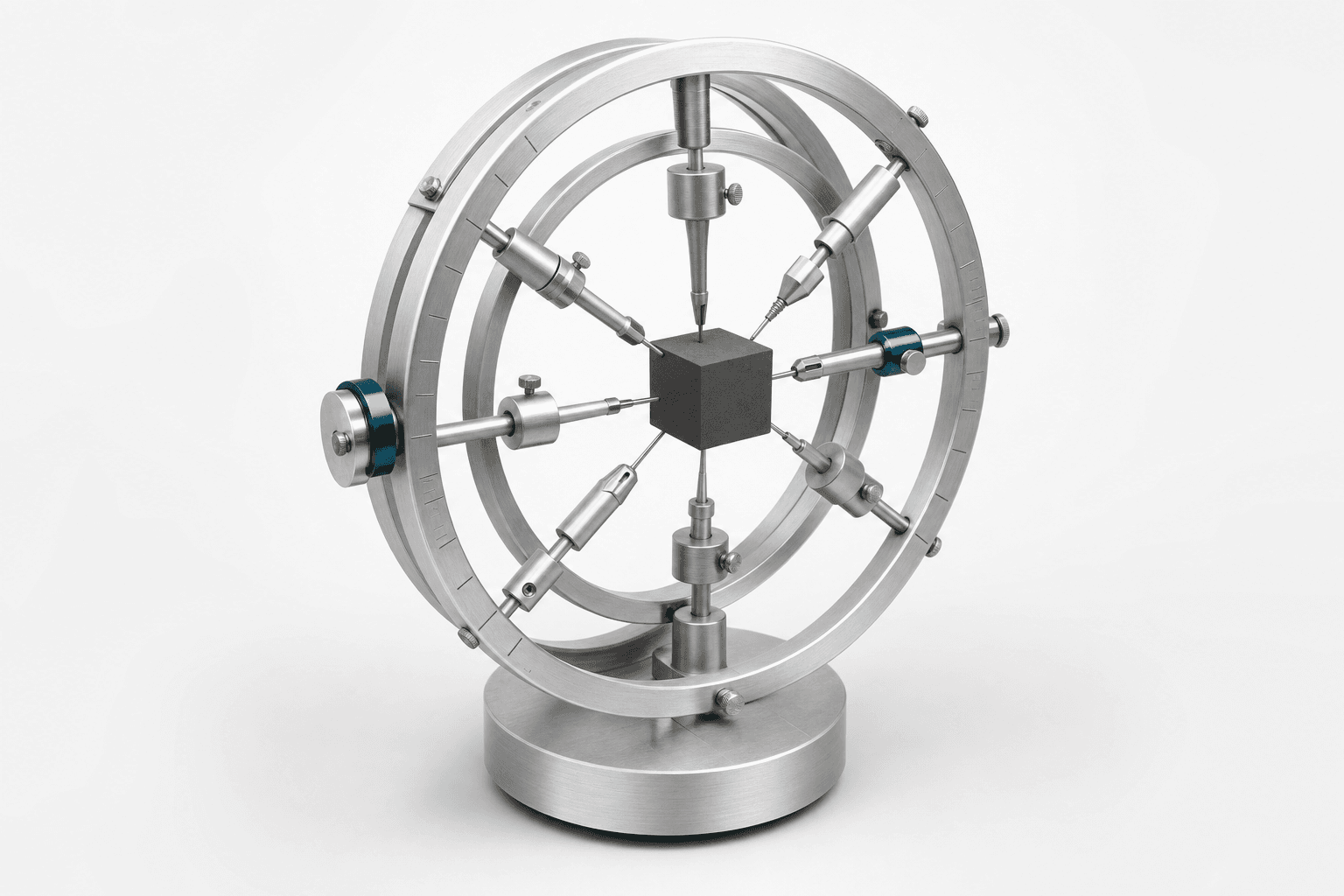 Still life: a machined aluminum armature of concentric rings and eight inward-reaching fittings cradling a single small graphite cube at its center.