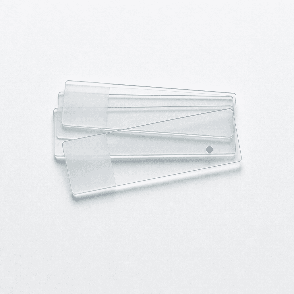 Overlapping glass microscope slides, one lifted clear and marked with a single violet dot.