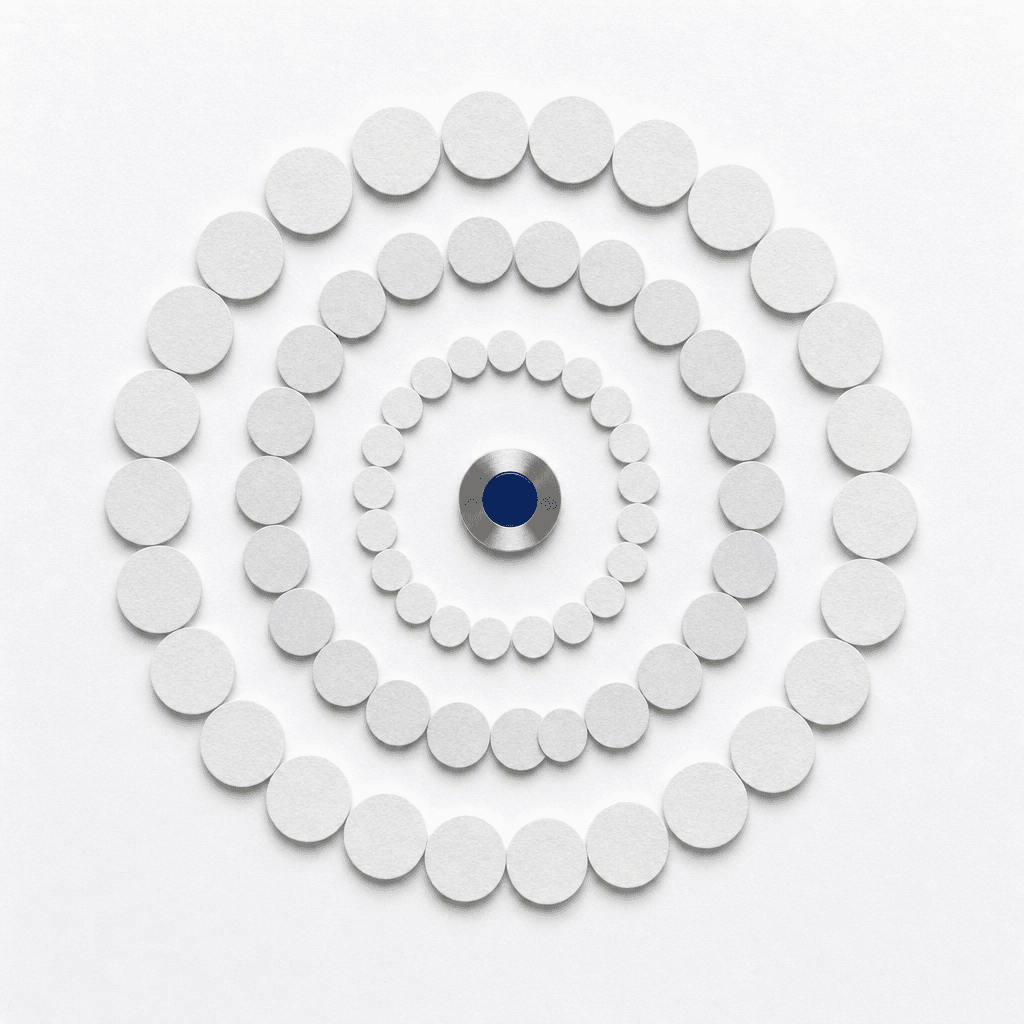 Concentric rings of pale discs narrowing to one steel disc with a blue inset at the center.