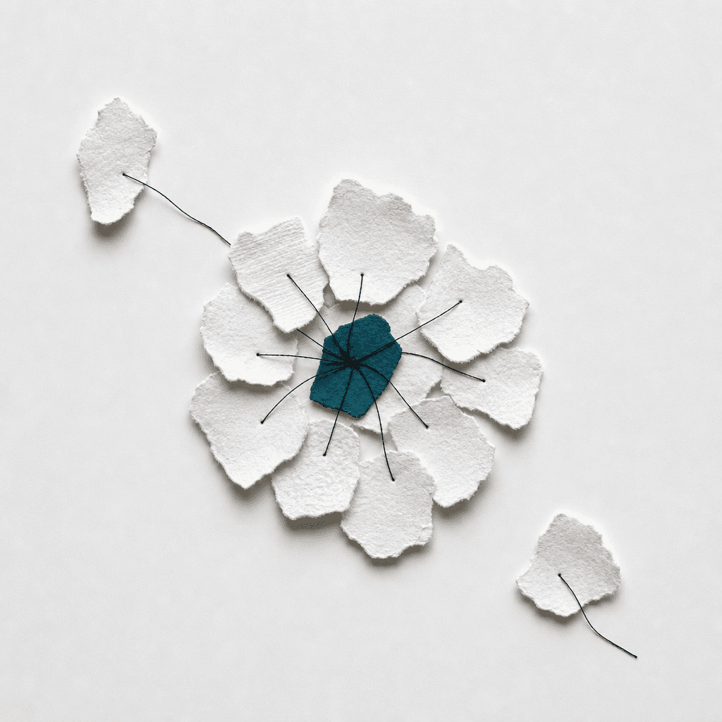 Torn paper fragments drawn along threads into one tight central cluster, two left stranded outside.
