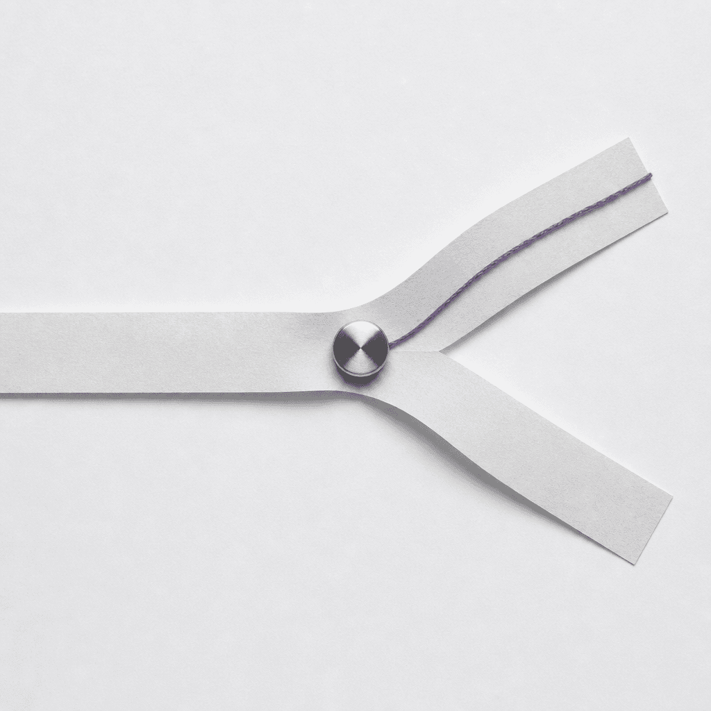 A paper ribbon forking into two diverging paths with a steel marker resting at the fork.