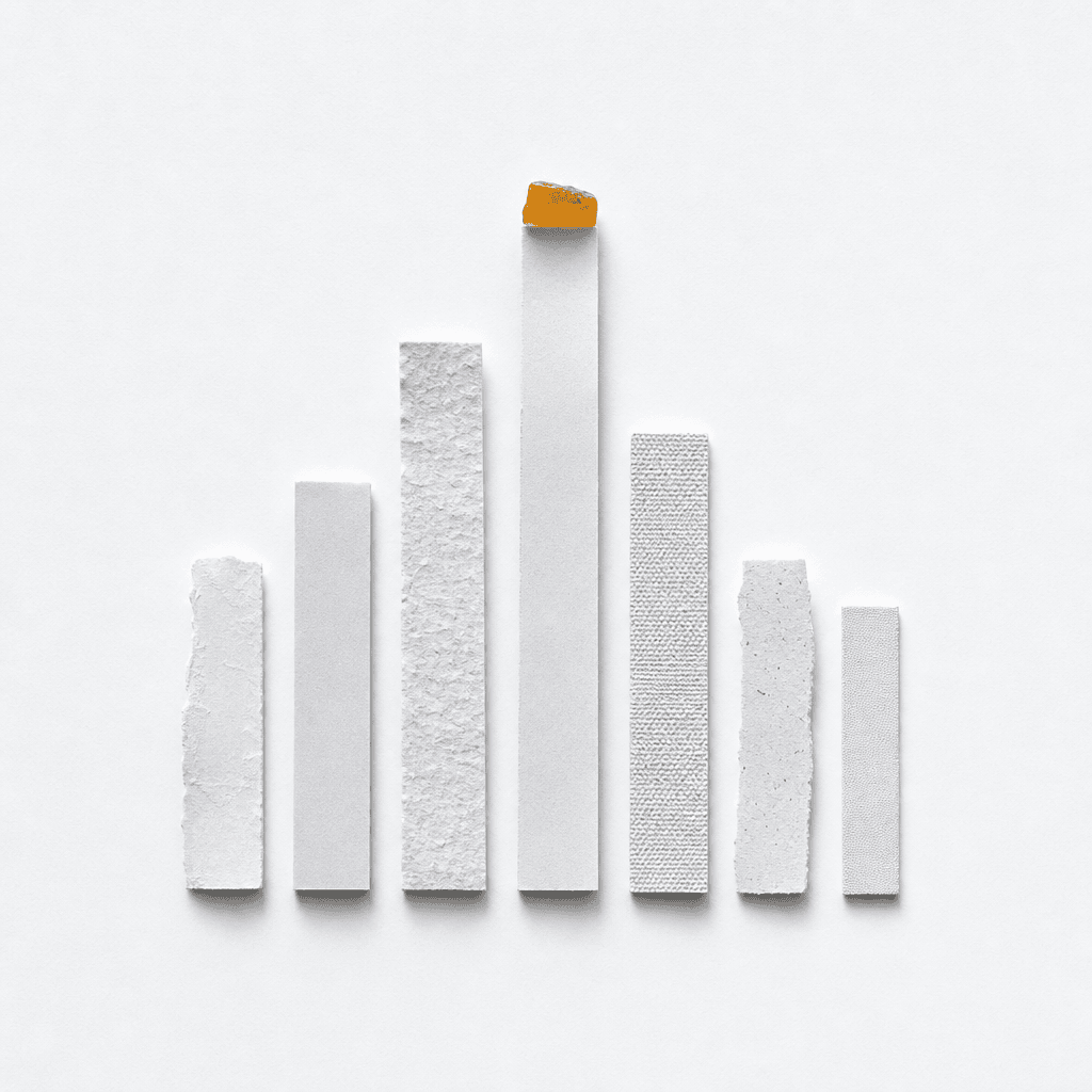 A row of upright paper strips of differing heights, one taller and tipped with an amber marker.