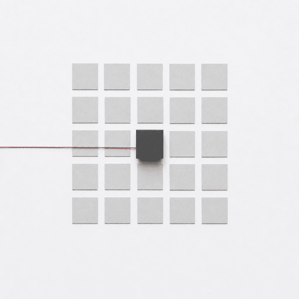 A uniform grid of pale squares with a single darker outlier, a red thread running to it.